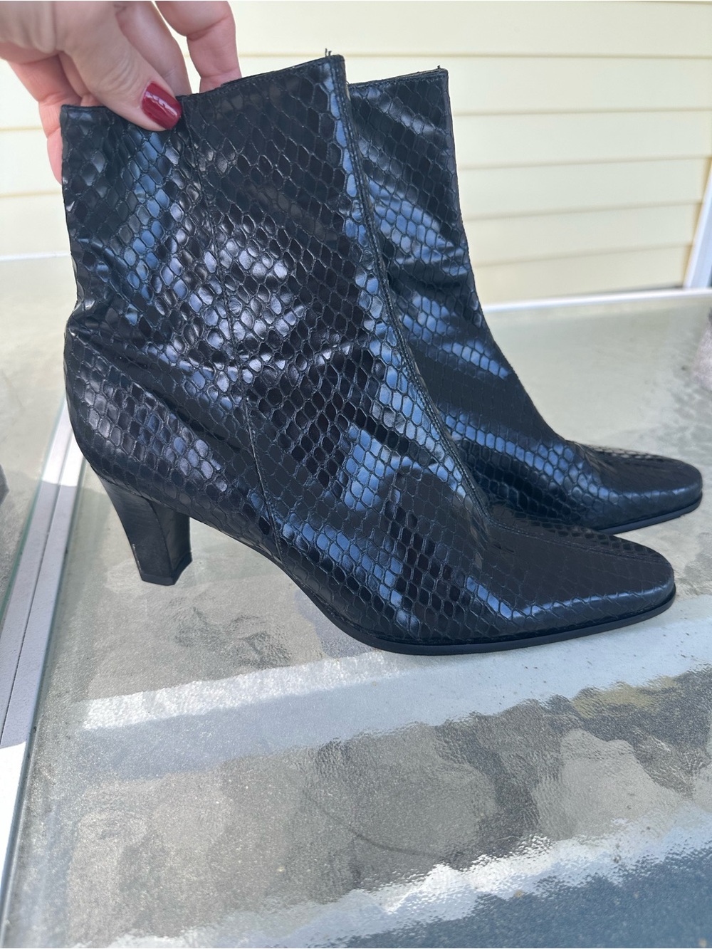 Calvin Klein Black Faux Snakeskin Ankle Boots - size 39.5, Made In Spain
